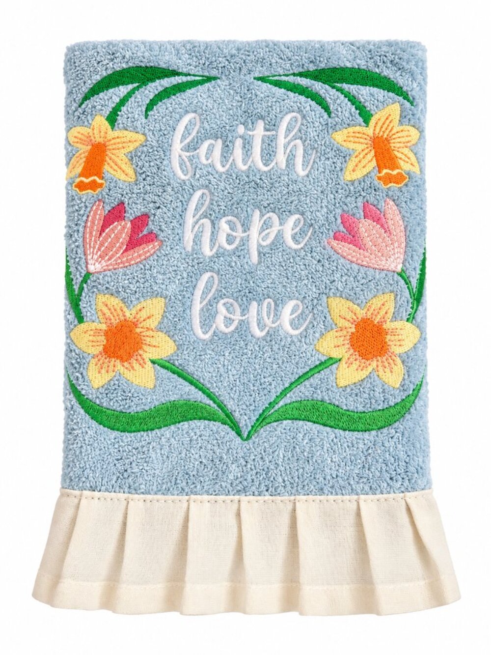 Spring Flowers Embroidered Hand Towels Set of 2 Blue Ruffle Edge Faith Hope Love